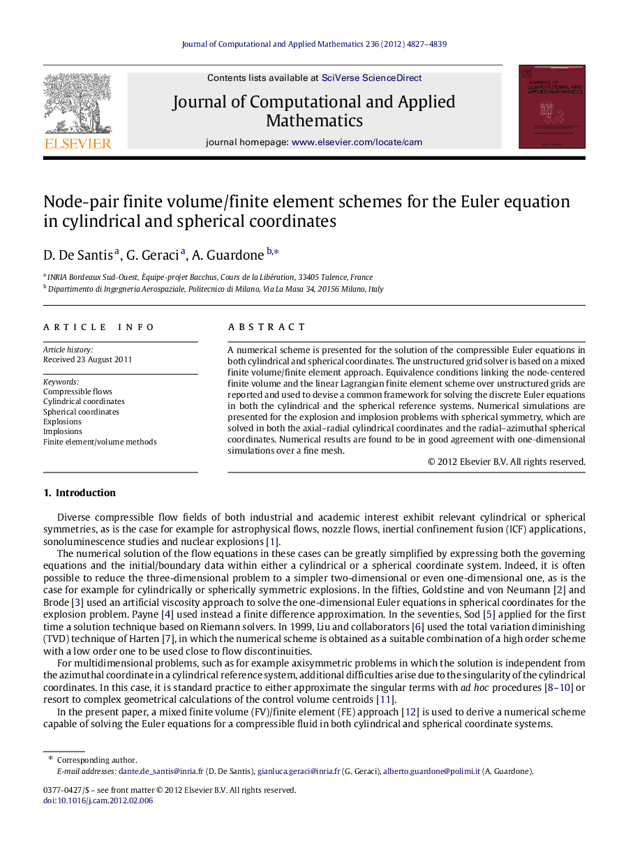 Node-pair finite volume/finite element schemes for the Euler equation in cylindrical and spherical coordinates