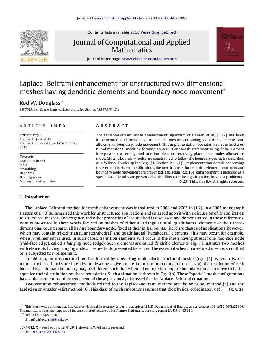 Laplace–Beltrami enhancement for unstructured two-dimensional meshes having dendritic elements and boundary node movement 