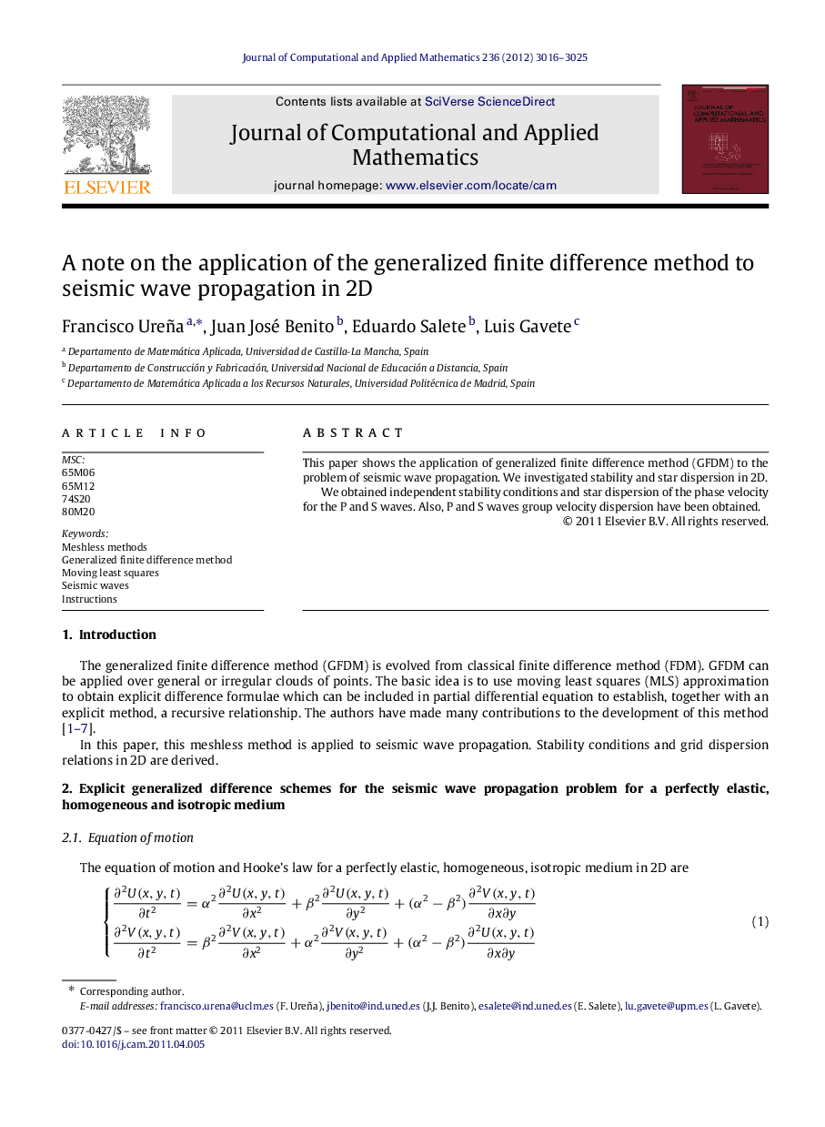 A note on the application of the generalized finite difference method to seismic wave propagation in 2D