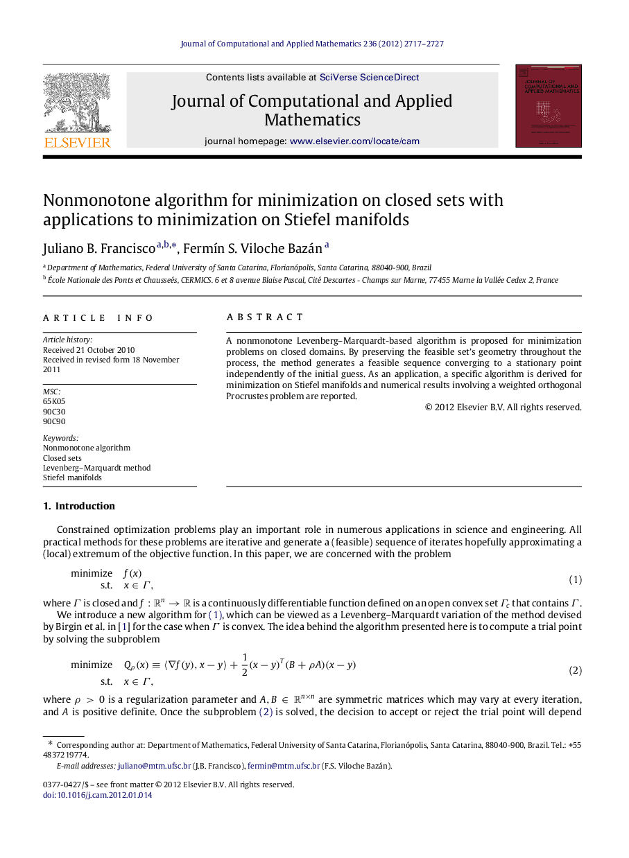 Nonmonotone algorithm for minimization on closed sets with applications to minimization on Stiefel manifolds