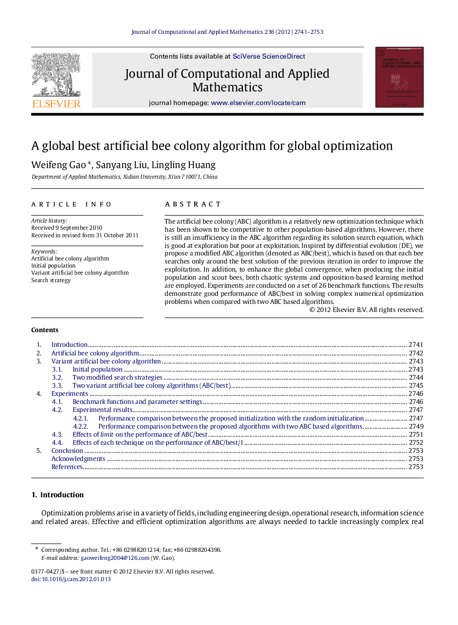 A global best artificial bee colony algorithm for global optimization