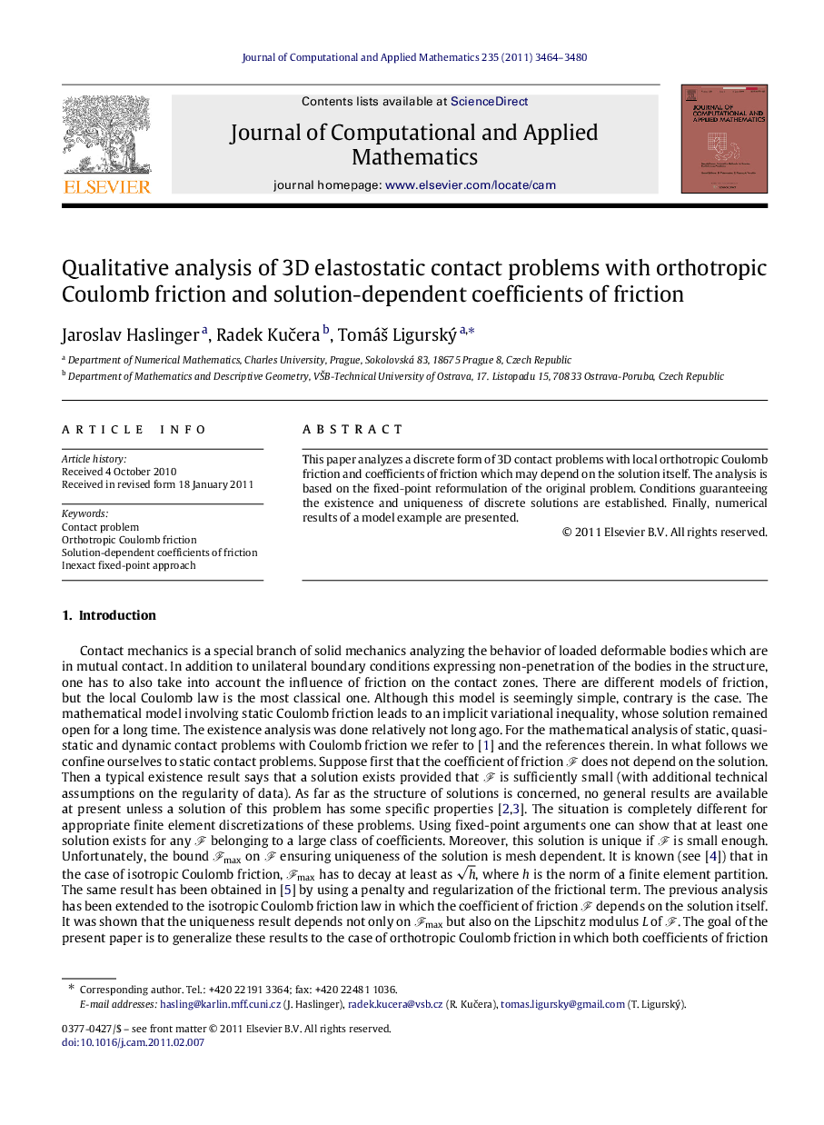 Qualitative analysis of 3D elastostatic contact problems with orthotropic Coulomb friction and solution-dependent coefficients of friction