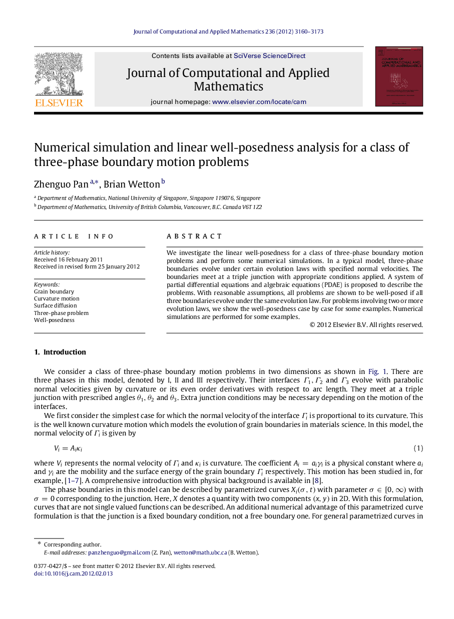 Numerical simulation and linear well-posedness analysis for a class of three-phase boundary motion problems