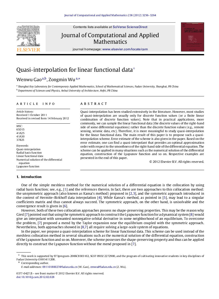 عکس صفحه اول مقاله: Quasi-interpolation for linear functional data Quasi-interpolation for linear functional data