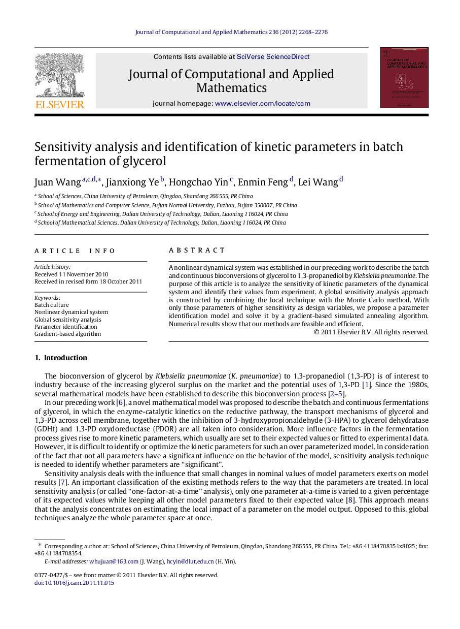 Sensitivity analysis and identification of kinetic parameters in batch fermentation of glycerol