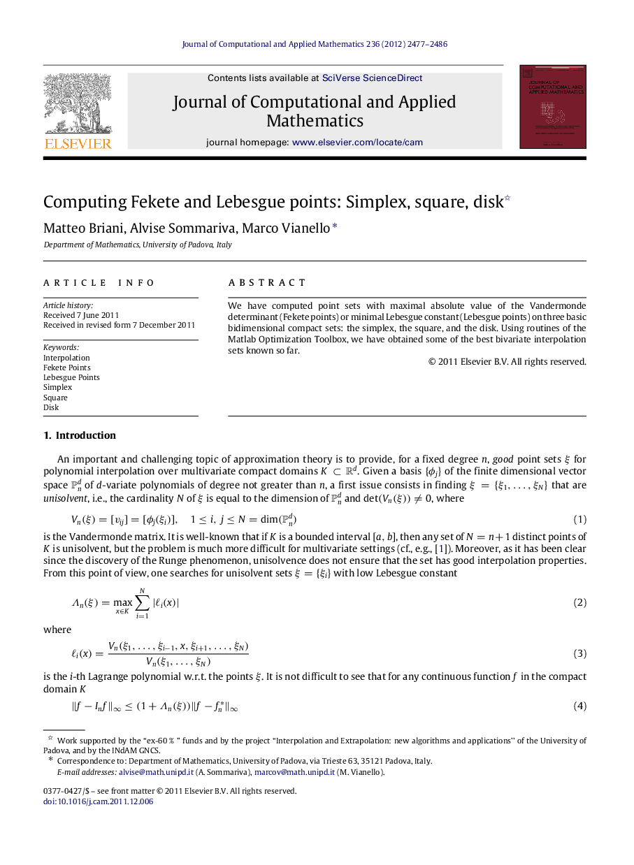 Computing Fekete and Lebesgue points: Simplex, square, disk 