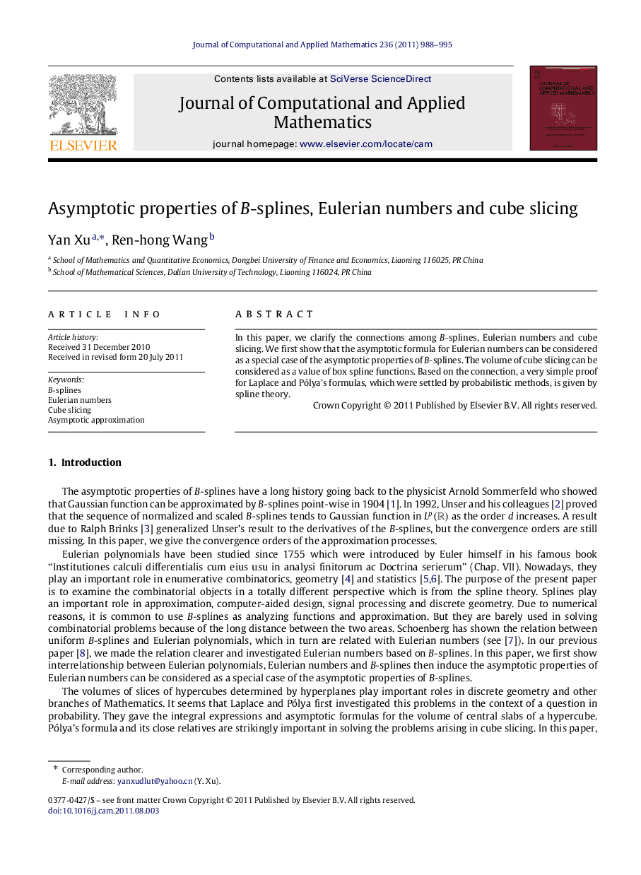 Asymptotic properties of BB-splines, Eulerian numbers and cube slicing