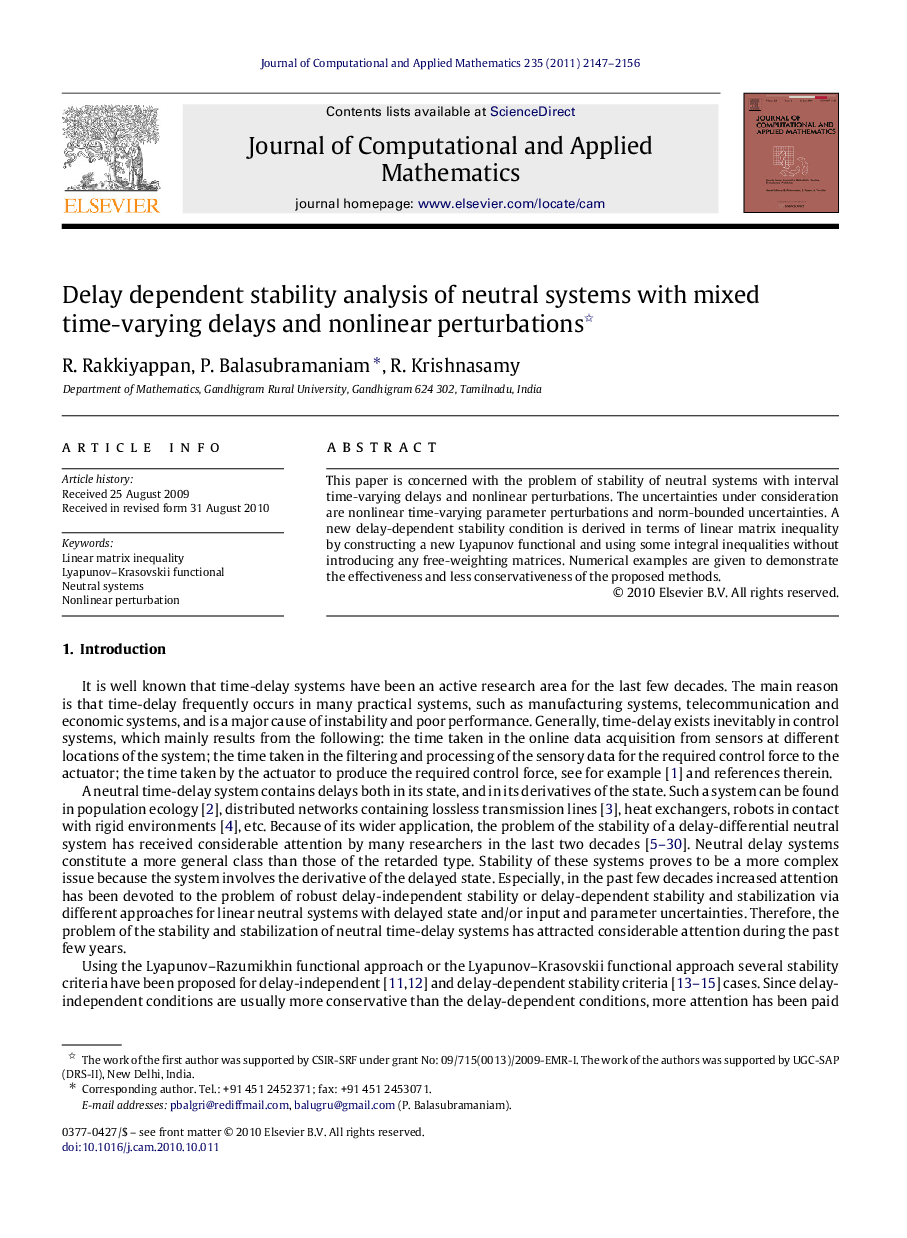 Delay dependent stability analysis of neutral systems with mixed time-varying delays and nonlinear perturbations 