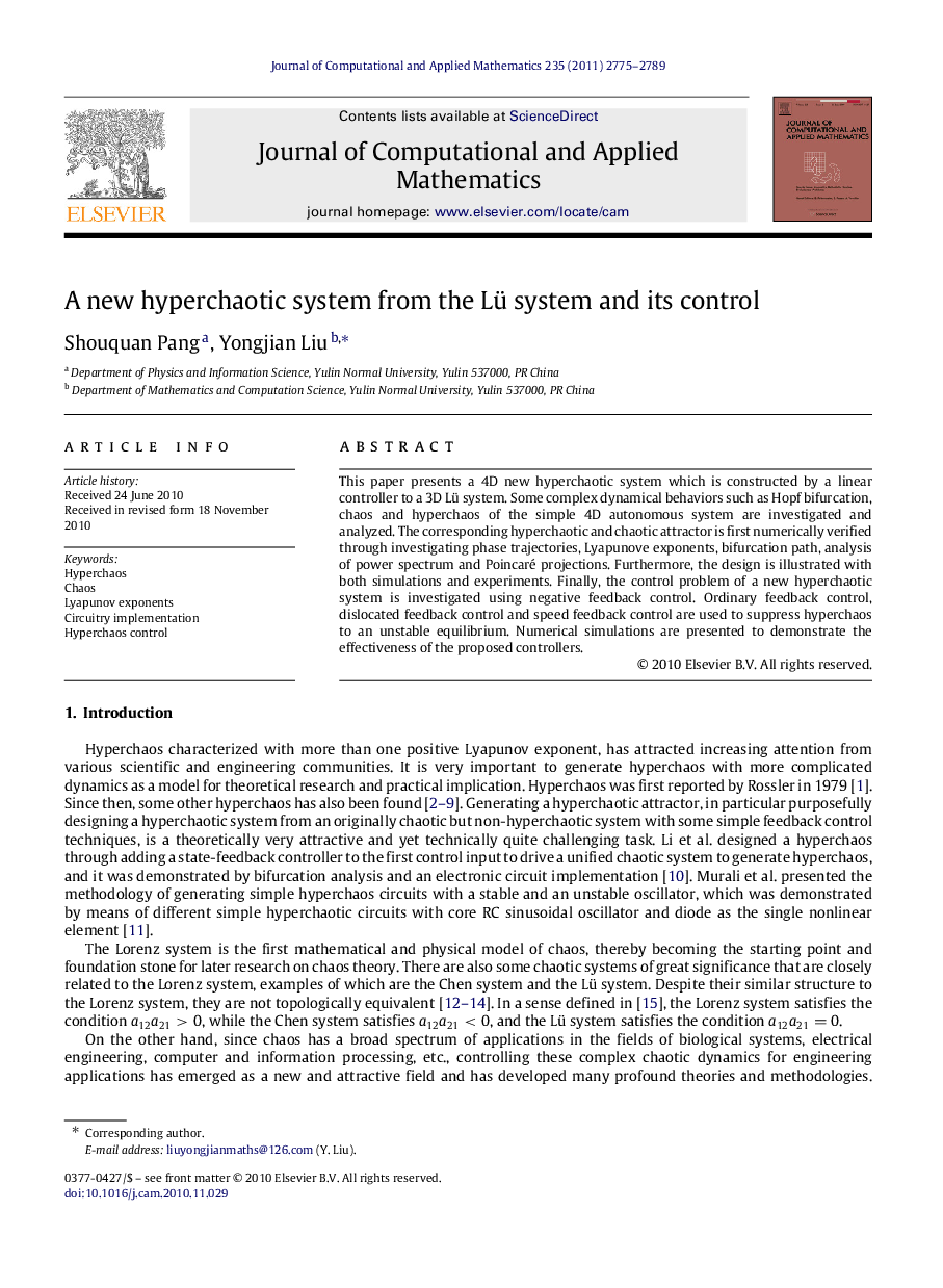 A new hyperchaotic system from the Lü system and its control