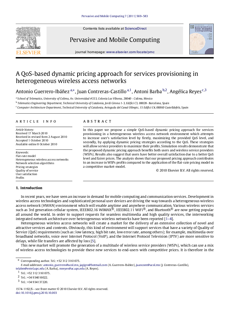 A QoS-based dynamic pricing approach for services provisioning in heterogeneous wireless access networks