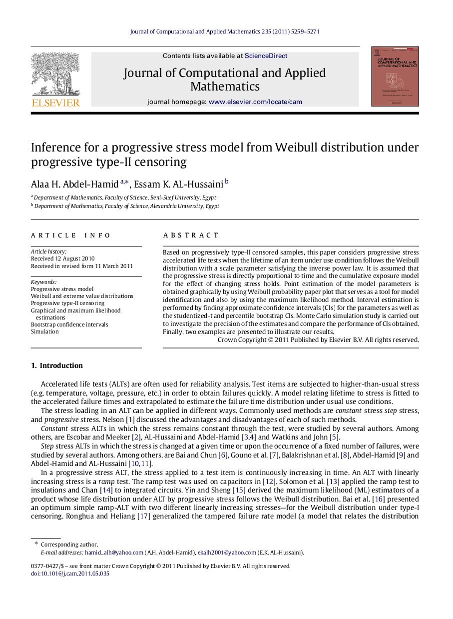 Inference for a progressive stress model from Weibull distribution under progressive type-II censoring