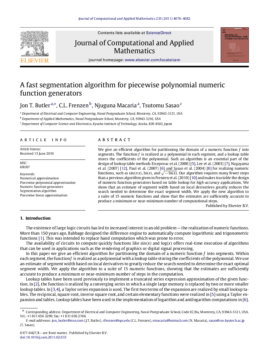 A fast segmentation algorithm for piecewise polynomial numeric function generators