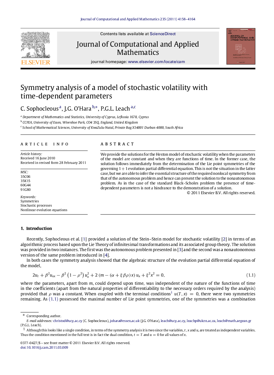 Symmetry analysis of a model of stochastic volatility with time-dependent parameters