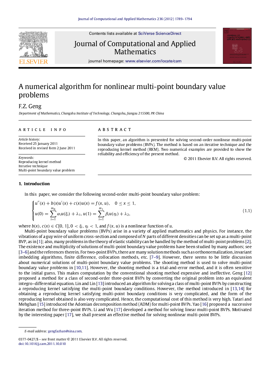 عکس صفحه اول مقاله: A numerical algorithm for nonlinear multi-point boundary value problems A numerical algorithm for nonlinear multi-point boundary value problems