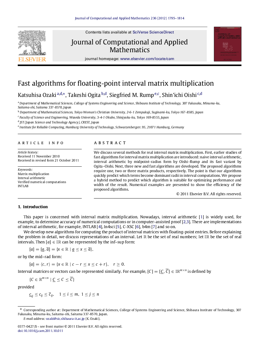 Fast algorithms for floating-point interval matrix multiplication