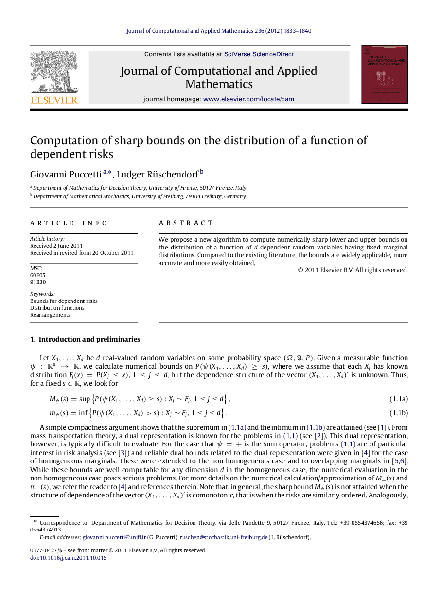 Computation of sharp bounds on the distribution of a function of dependent risks