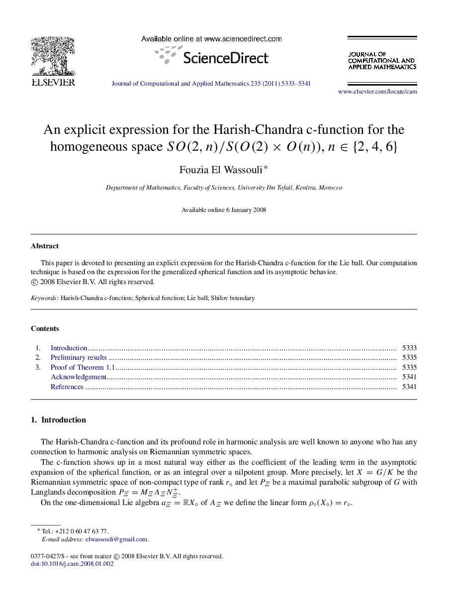 An explicit expression for the Harish-Chandra c-function for the homogeneous space SO(2,n)/S(O(2)×O(n))SO(2,n)/S(O(2)×O(n)), n∈{2,4,6}n∈{2,4,6}