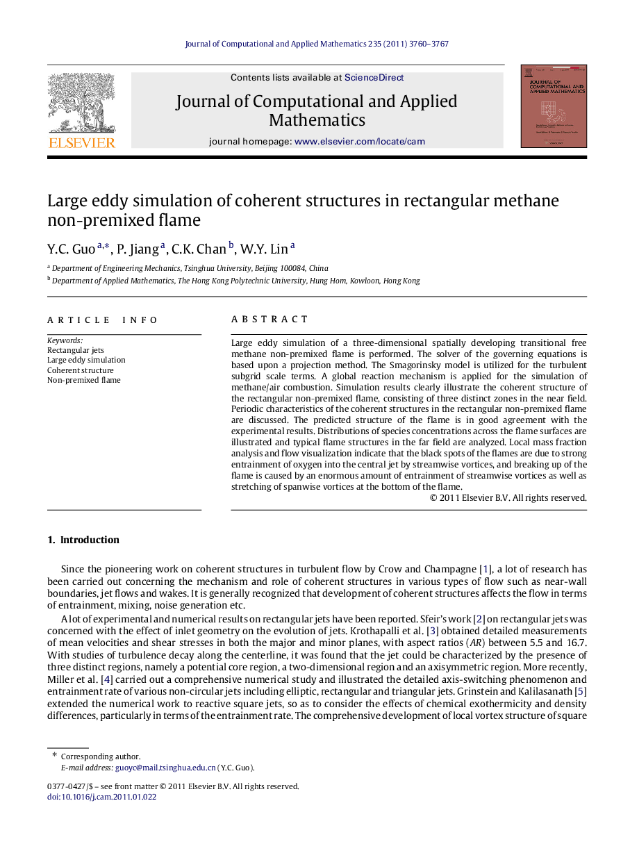 Large eddy simulation of coherent structures in rectangular methane non-premixed flame