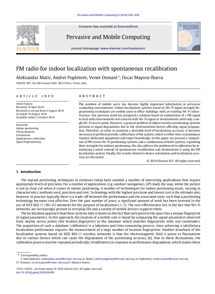 FM radio for indoor localization with spontaneous recalibration