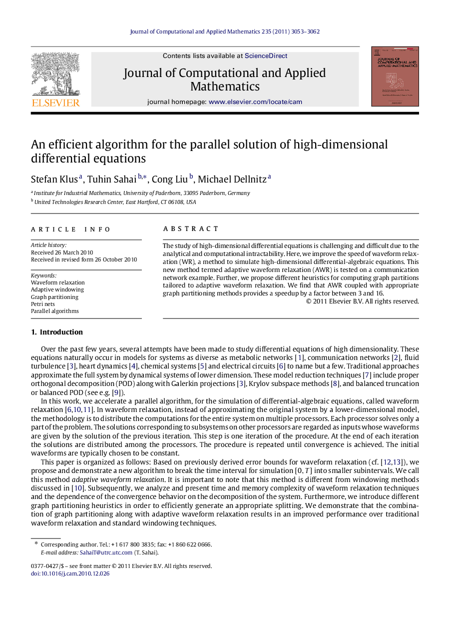 An efficient algorithm for the parallel solution of high-dimensional differential equations