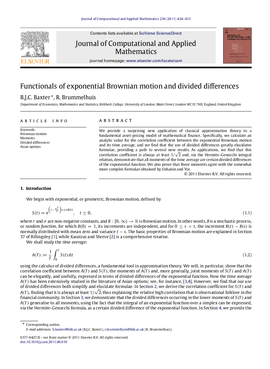 Functionals of exponential Brownian motion and divided differences