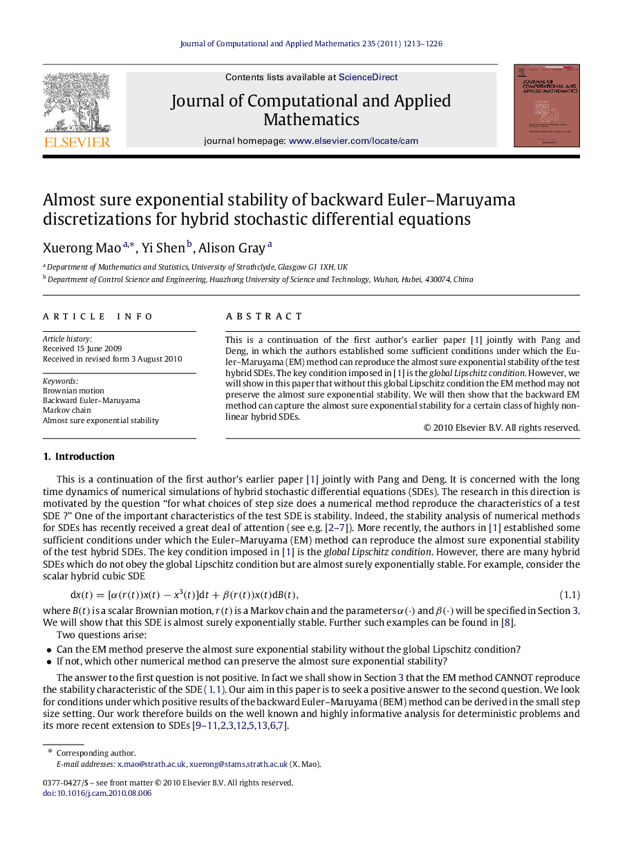 Almost sure exponential stability of backward Euler–Maruyama discretizations for hybrid stochastic differential equations