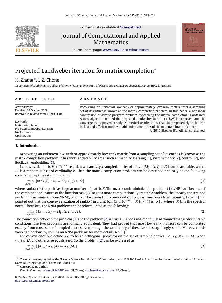 Projected Landweber iteration for matrix completion 