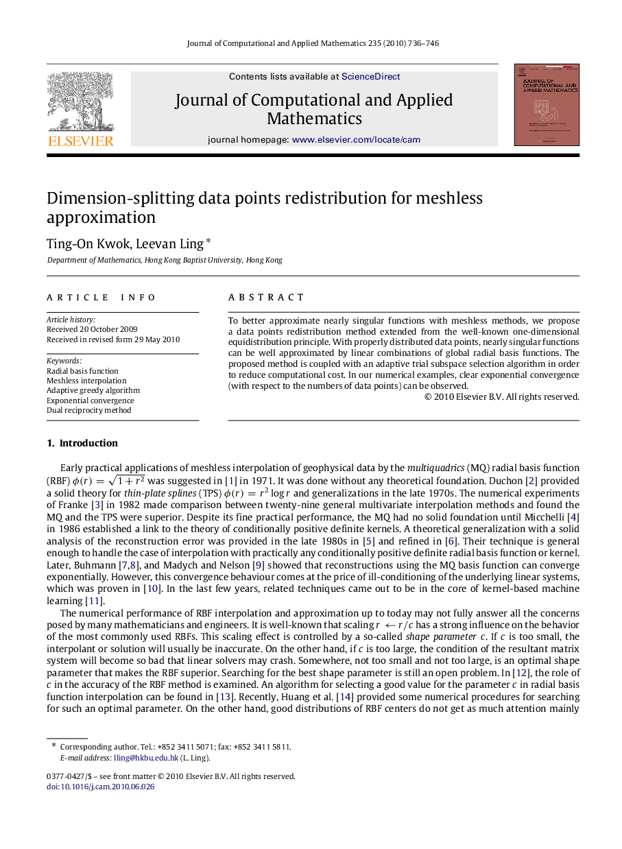 Dimension-splitting data points redistribution for meshless approximation