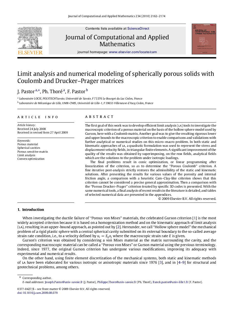 عکس صفحه اول مقاله: Limit analysis and numerical modeling of spherically porous solids with Coulomb and Drucker–Prager matrices Limit analysis and numerical modeling of spherically porous solids with Coulomb and Drucker–Prager matrices