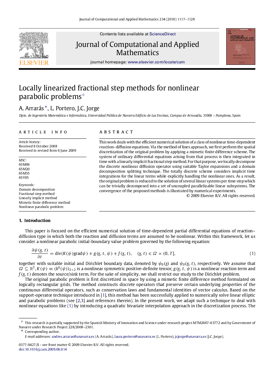 Locally linearized fractional step methods for nonlinear parabolic problems 