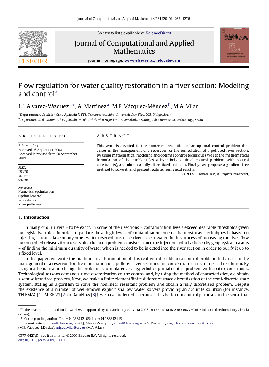 Flow regulation for water quality restoration in a river section: Modeling and control 