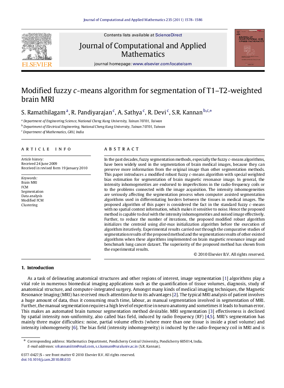 Modified fuzzy cc-means algorithm for segmentation of T1–T2-weighted brain MRI