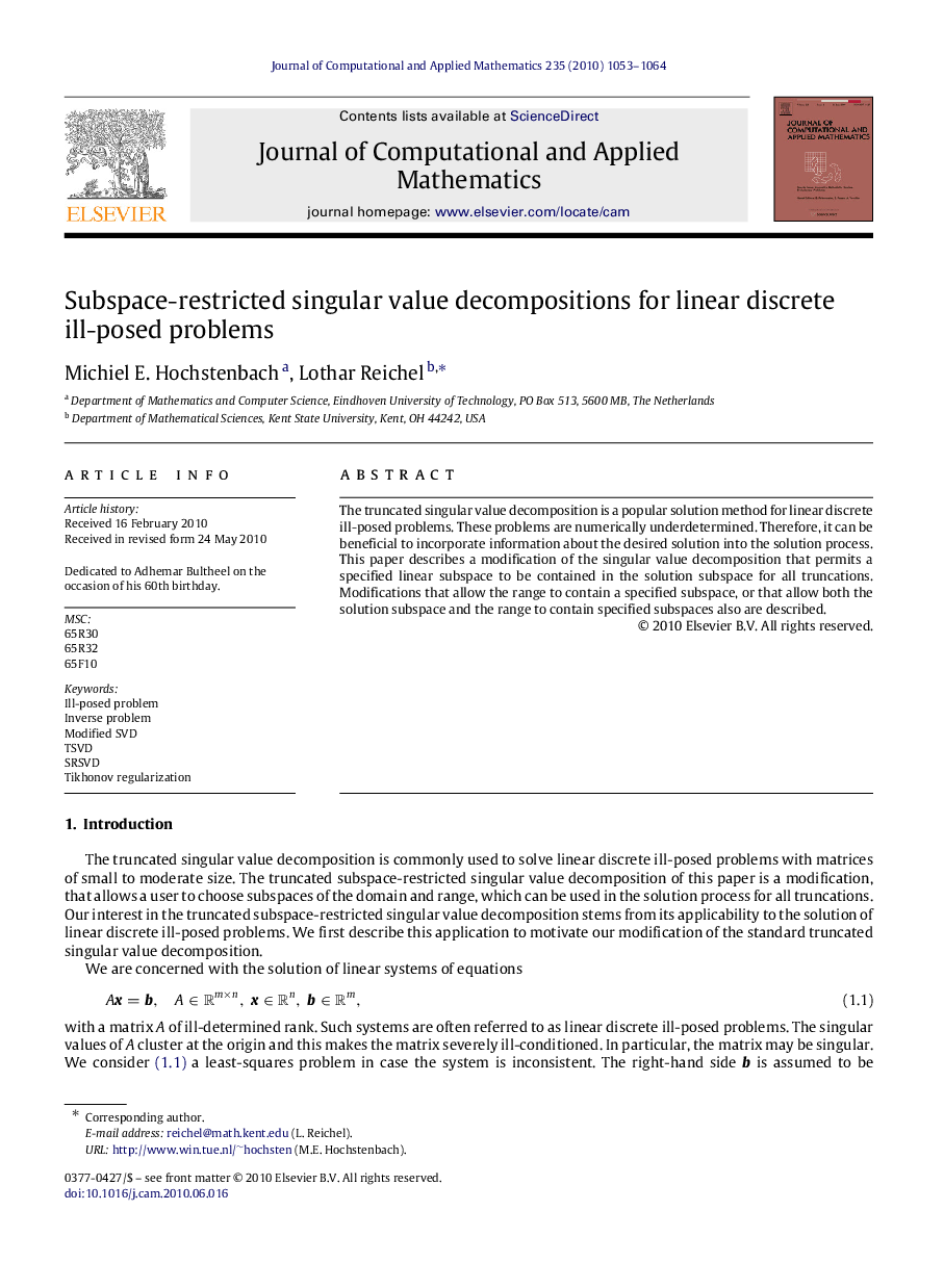 Subspace-restricted singular value decompositions for linear discrete ill-posed problems