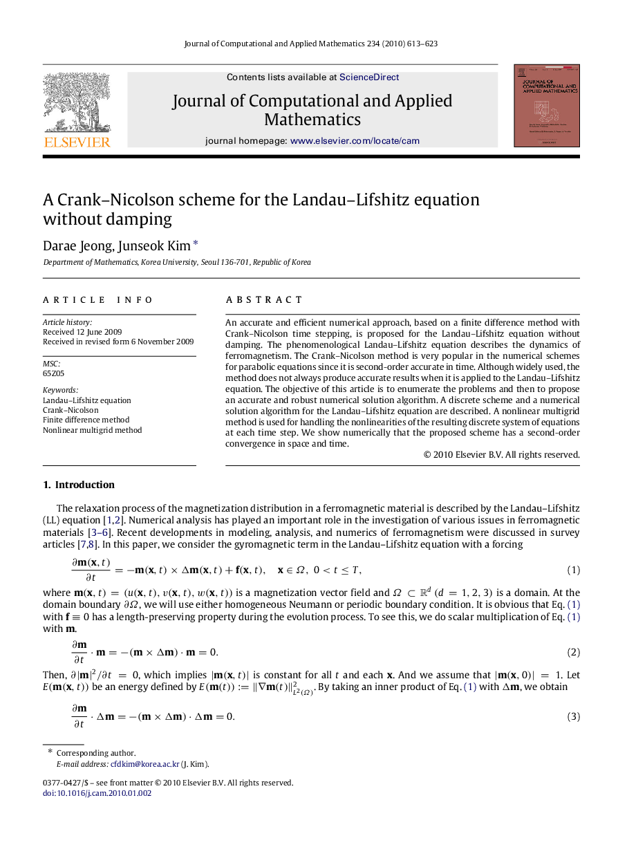 A Crank–Nicolson scheme for the Landau–Lifshitz equation without damping