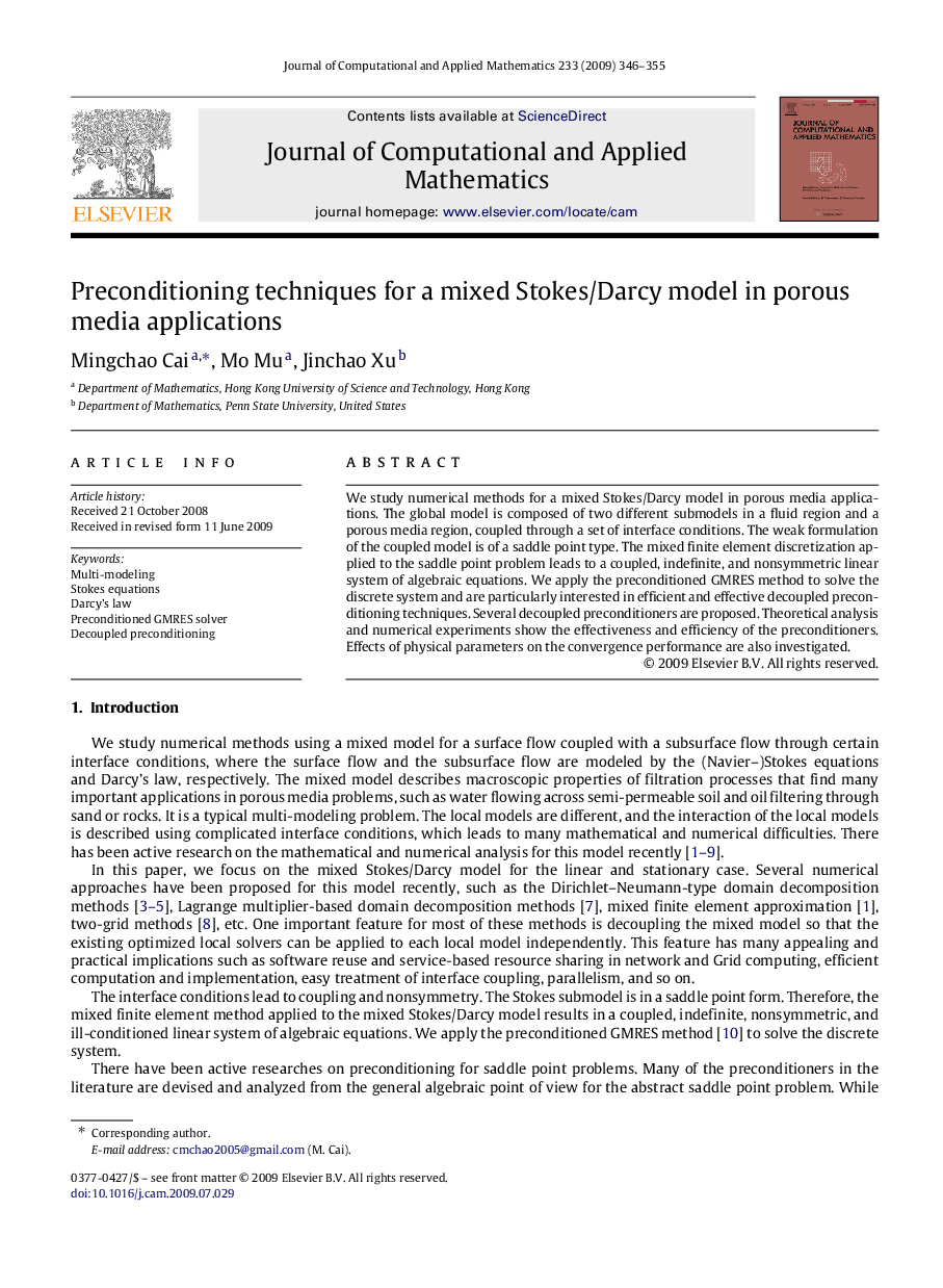 Preconditioning techniques for a mixed Stokes/Darcy model in porous media applications