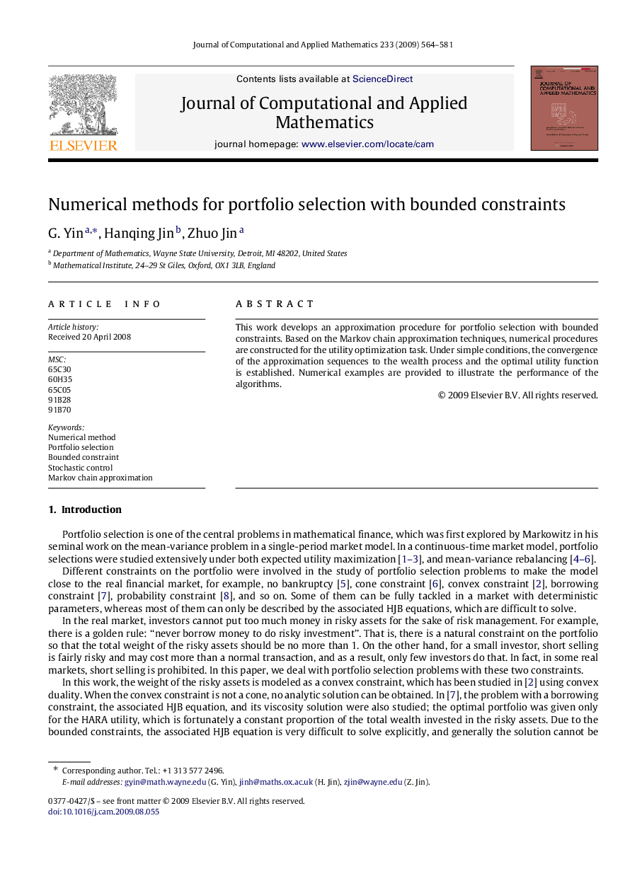 Numerical methods for portfolio selection with bounded constraints