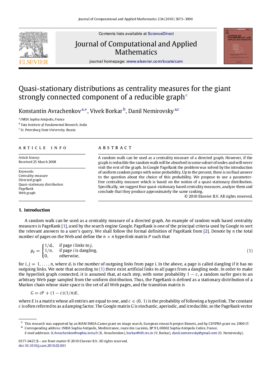 Quasi-stationary distributions as centrality measures for the giant strongly connected component of a reducible graph 