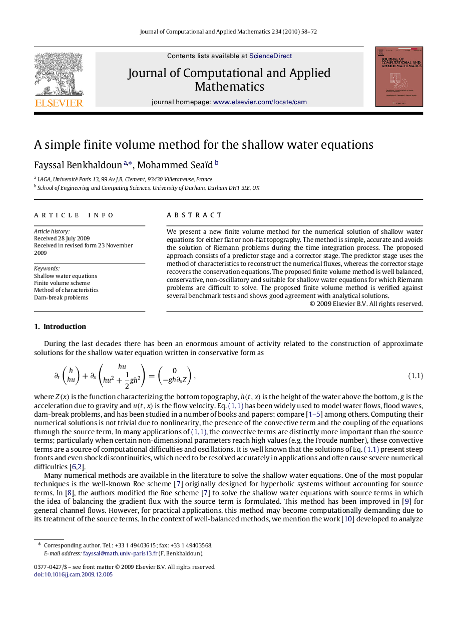 A simple finite volume method for the shallow water equations