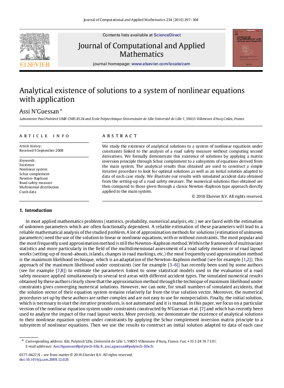 Analytical existence of solutions to a system of nonlinear equations with application