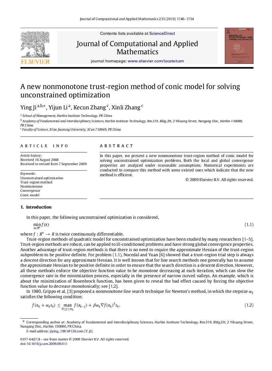 A new nonmonotone trust-region method of conic model for solving unconstrained optimization