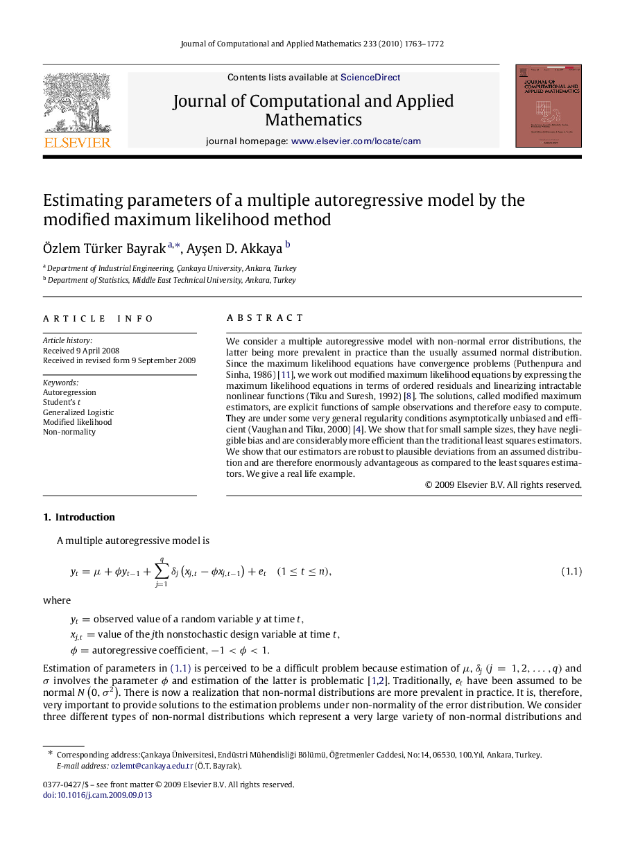 Estimating parameters of a multiple autoregressive model by the modified maximum likelihood method