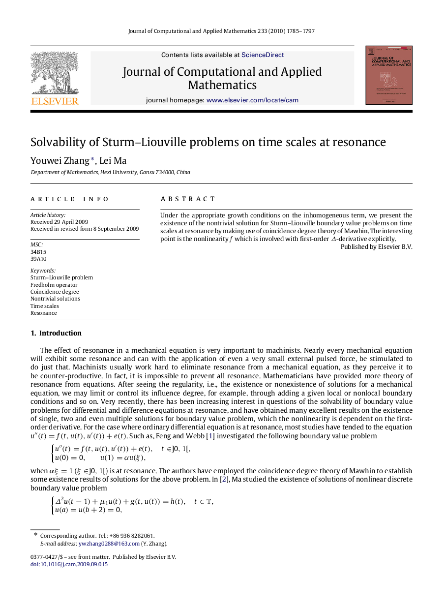 Solvability of Sturm–Liouville problems on time scales at resonance