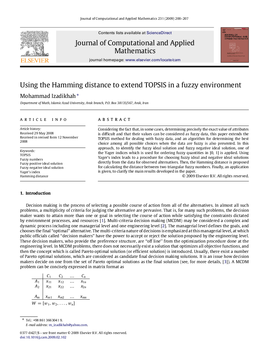 Using the Hamming distance to extend TOPSIS in a fuzzy environment