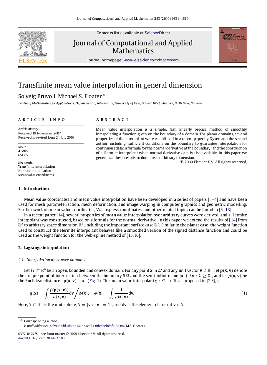 Transfinite mean value interpolation in general dimension