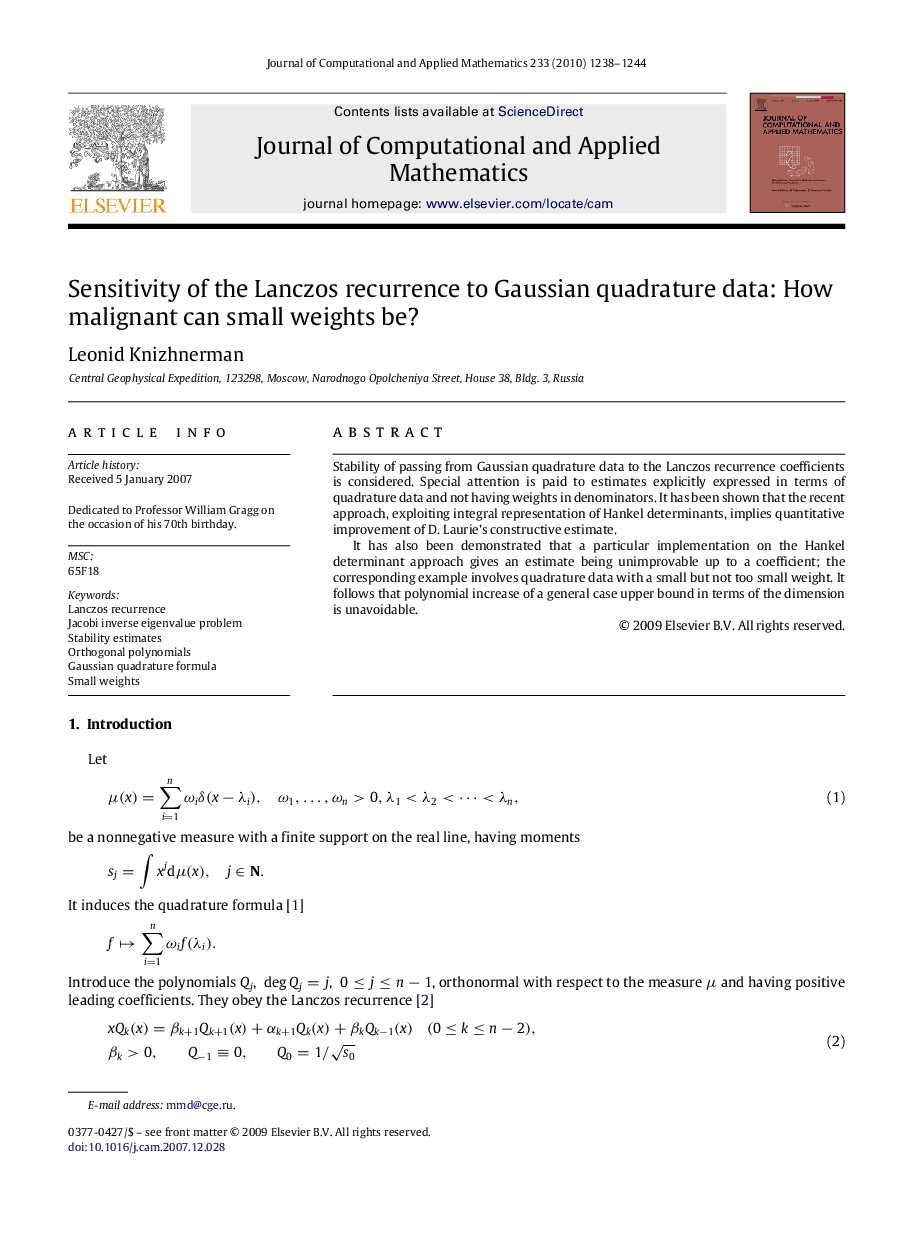 Sensitivity of the Lanczos recurrence to Gaussian quadrature data: How malignant can small weights be?