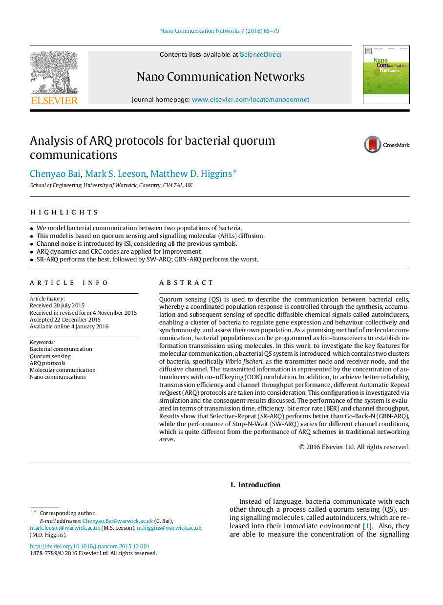 Analysis of ARQ protocols for bacterial quorum communications