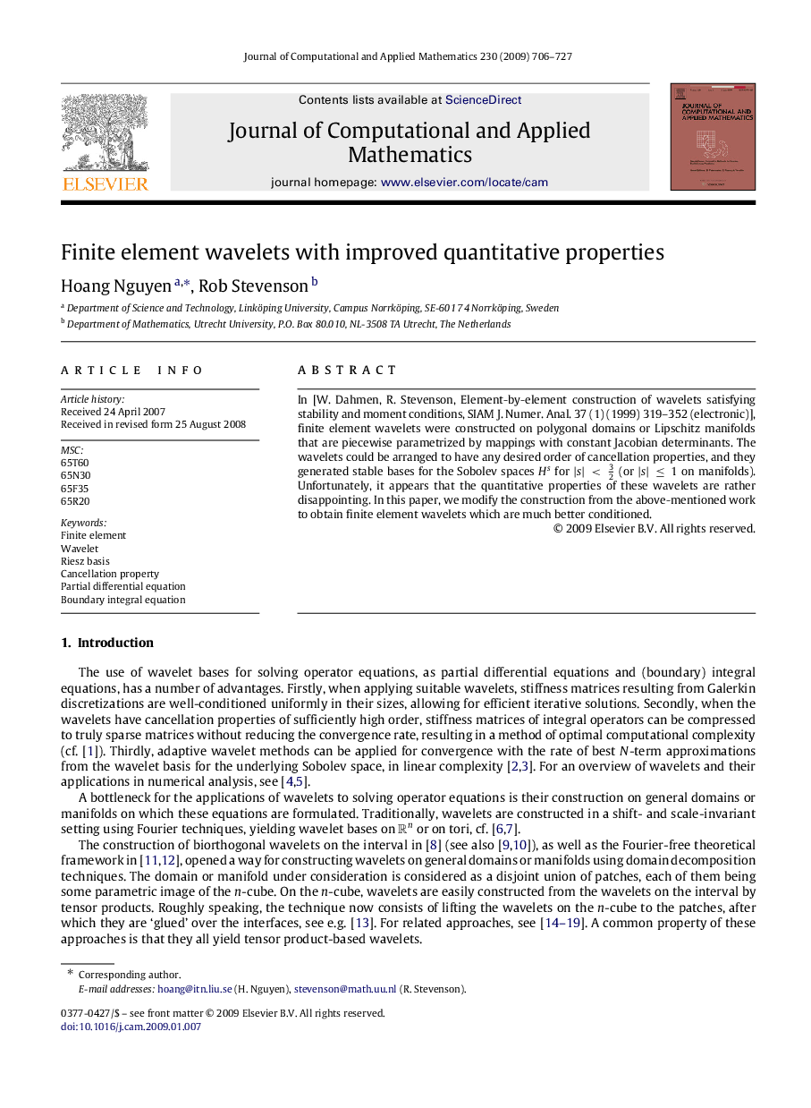 Finite element wavelets with improved quantitative properties