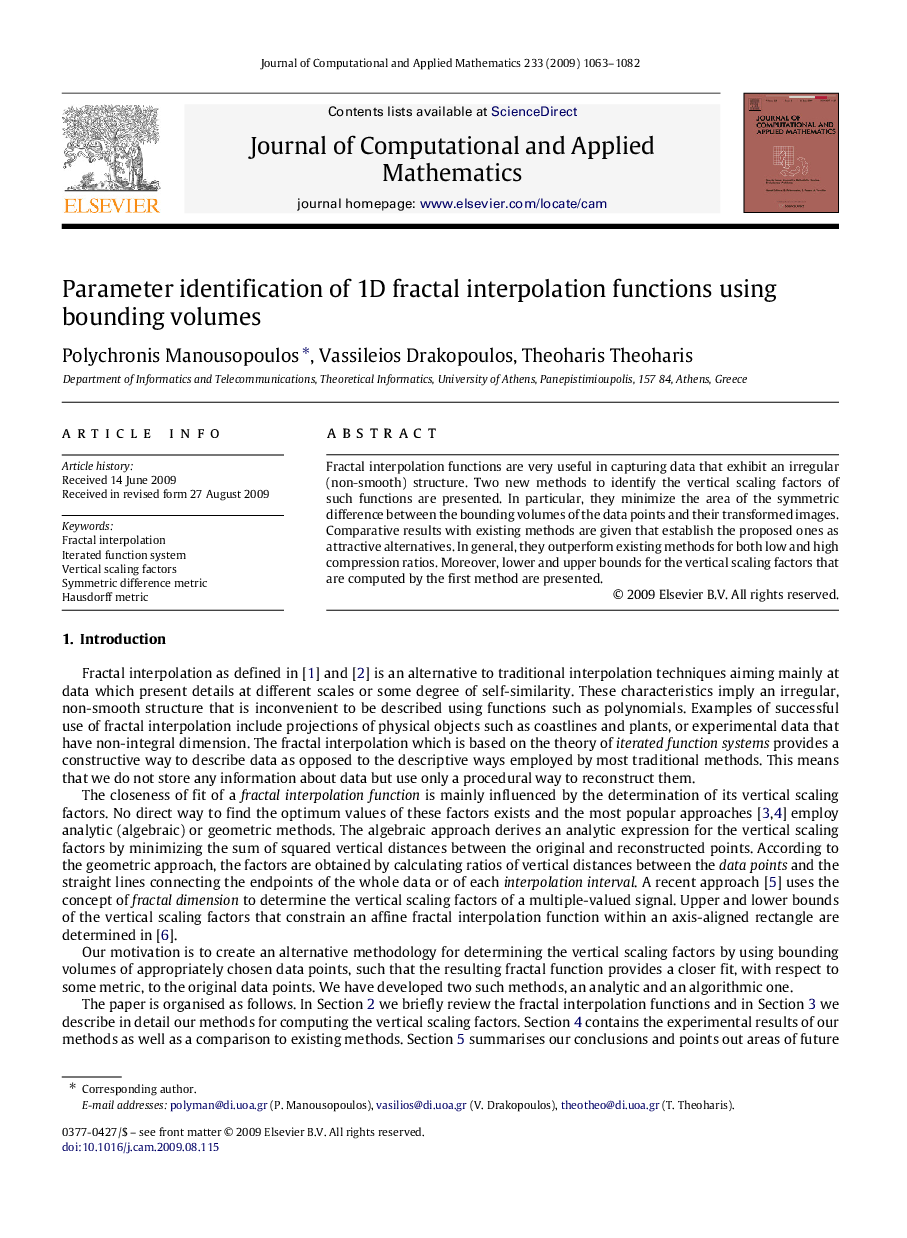 Parameter identification of 1D fractal interpolation functions using bounding volumes