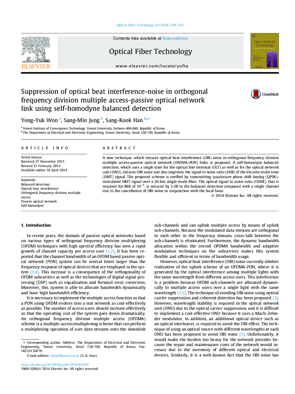 Suppression of optical beat interference-noise in orthogonal frequency division multiple access-passive optical network link using self-homodyne balanced detection