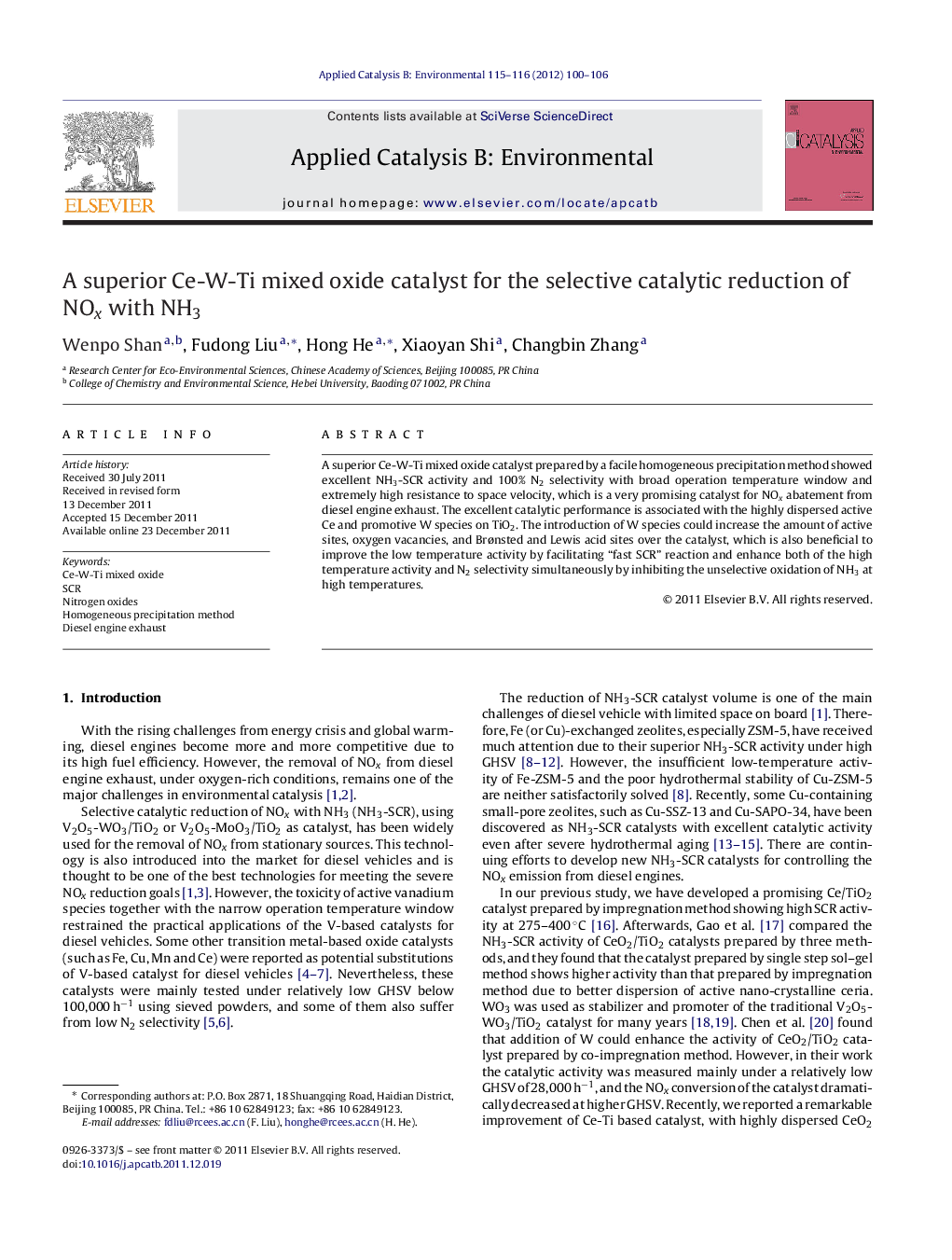 A superior Ce-W-Ti mixed oxide catalyst for the selective catalytic reduction of NOx with NH3